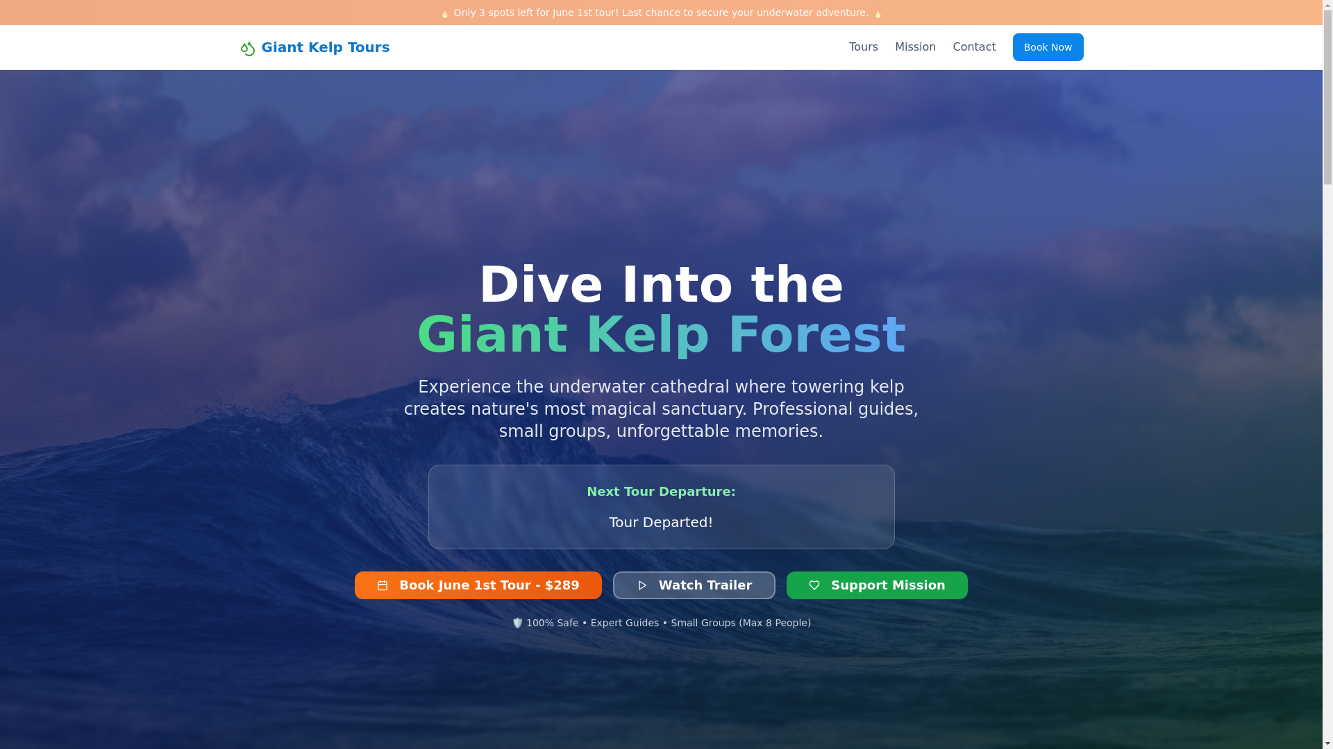 website screenshot of https://giantkelptours.com/