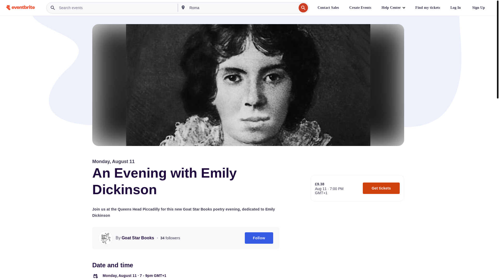 website screenshot of https://www.eventbrite.co.uk/e/an-evening-with-emily-dickinson-tickets-1458834797149