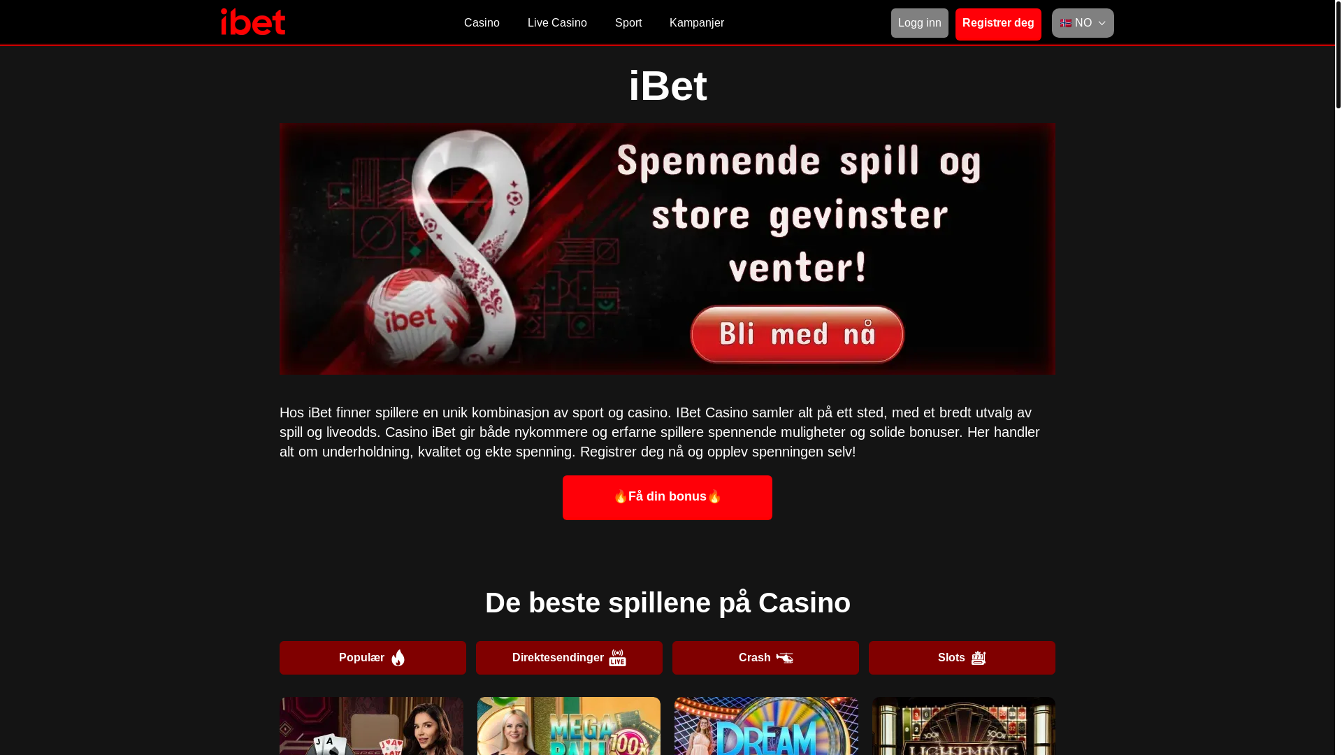 website screenshot of https://ibetcasino.no/