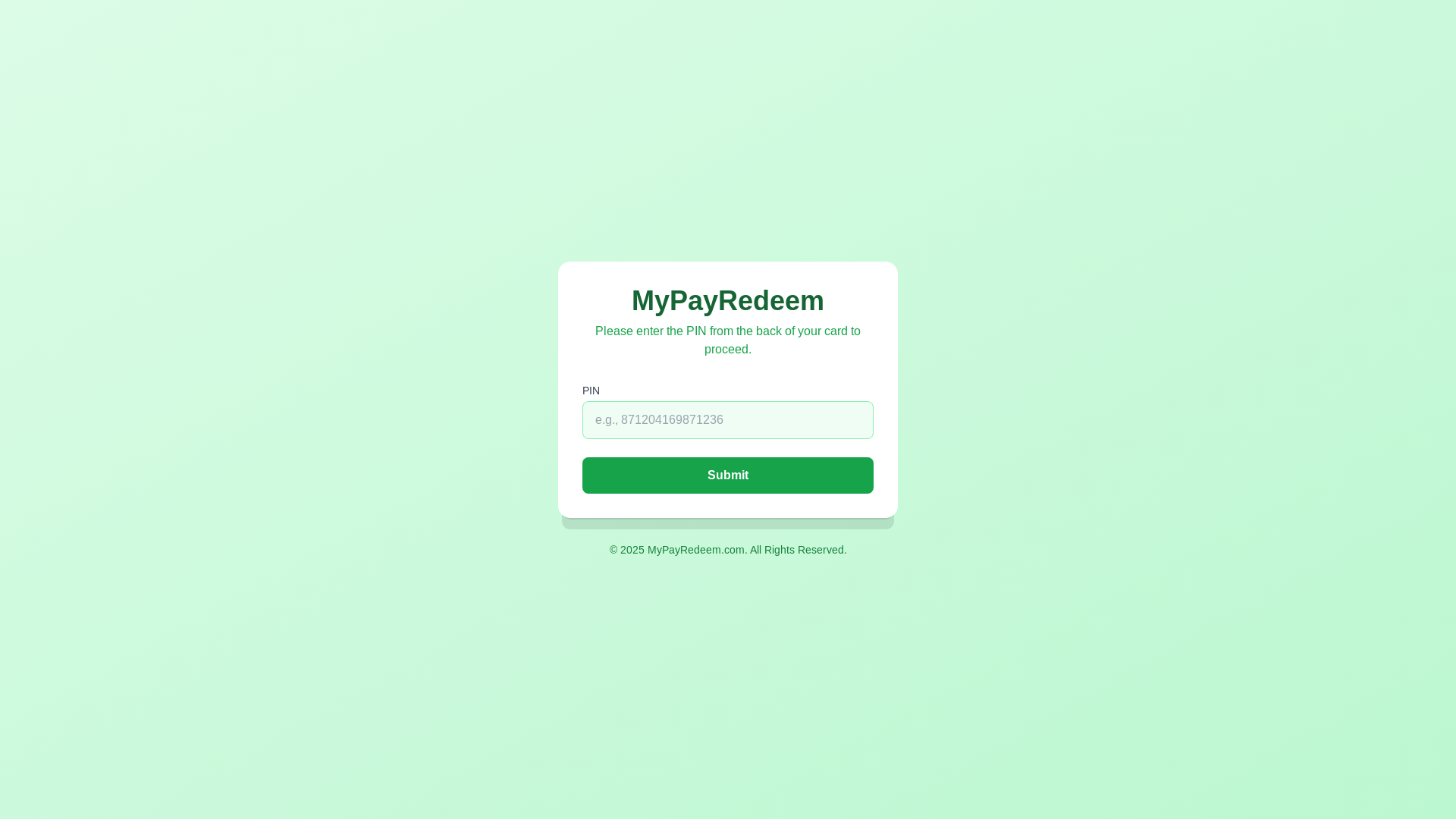 website screenshot of https://mypayredeem.com/