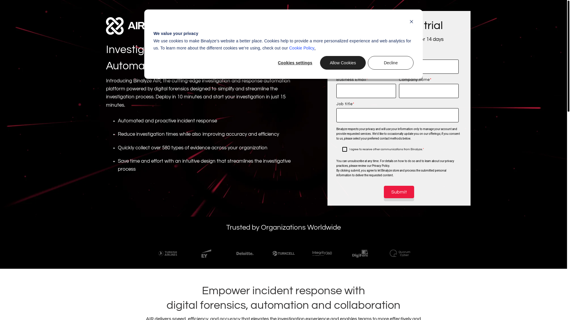 website screenshot of https://www.binalyze.com/14-day-free-binalyze-air-trial