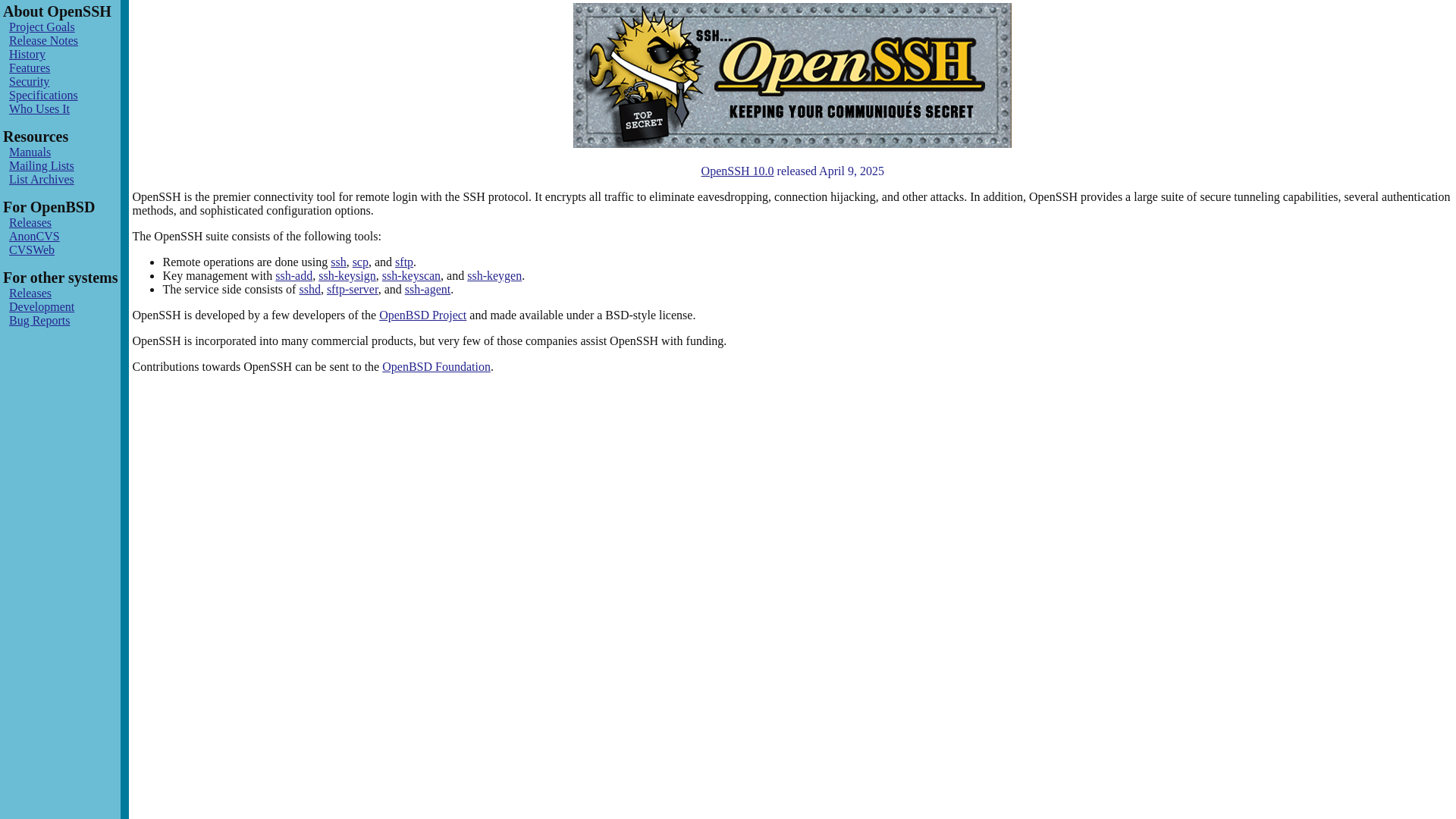 website screenshot of https://openssh.com/