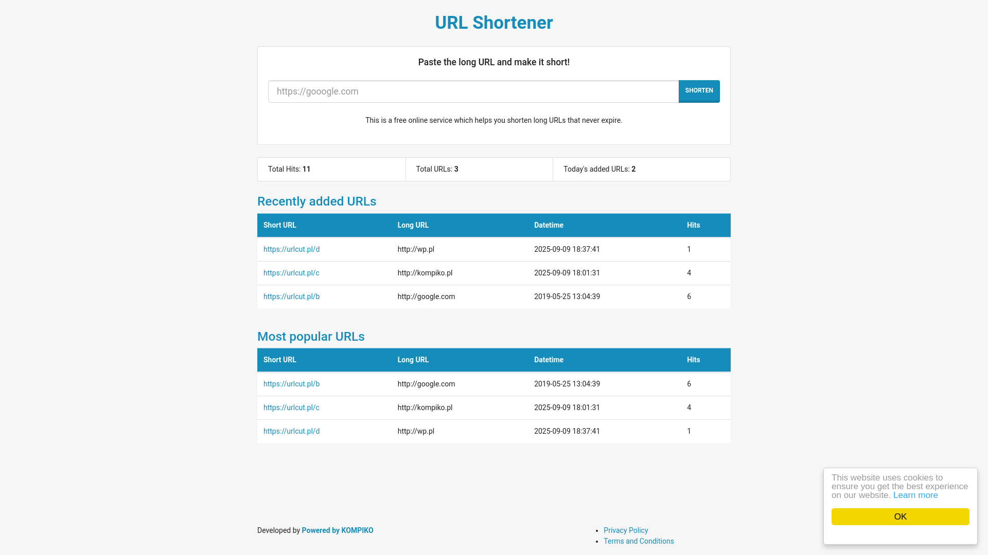 website screenshot of https://urlcut.pl/