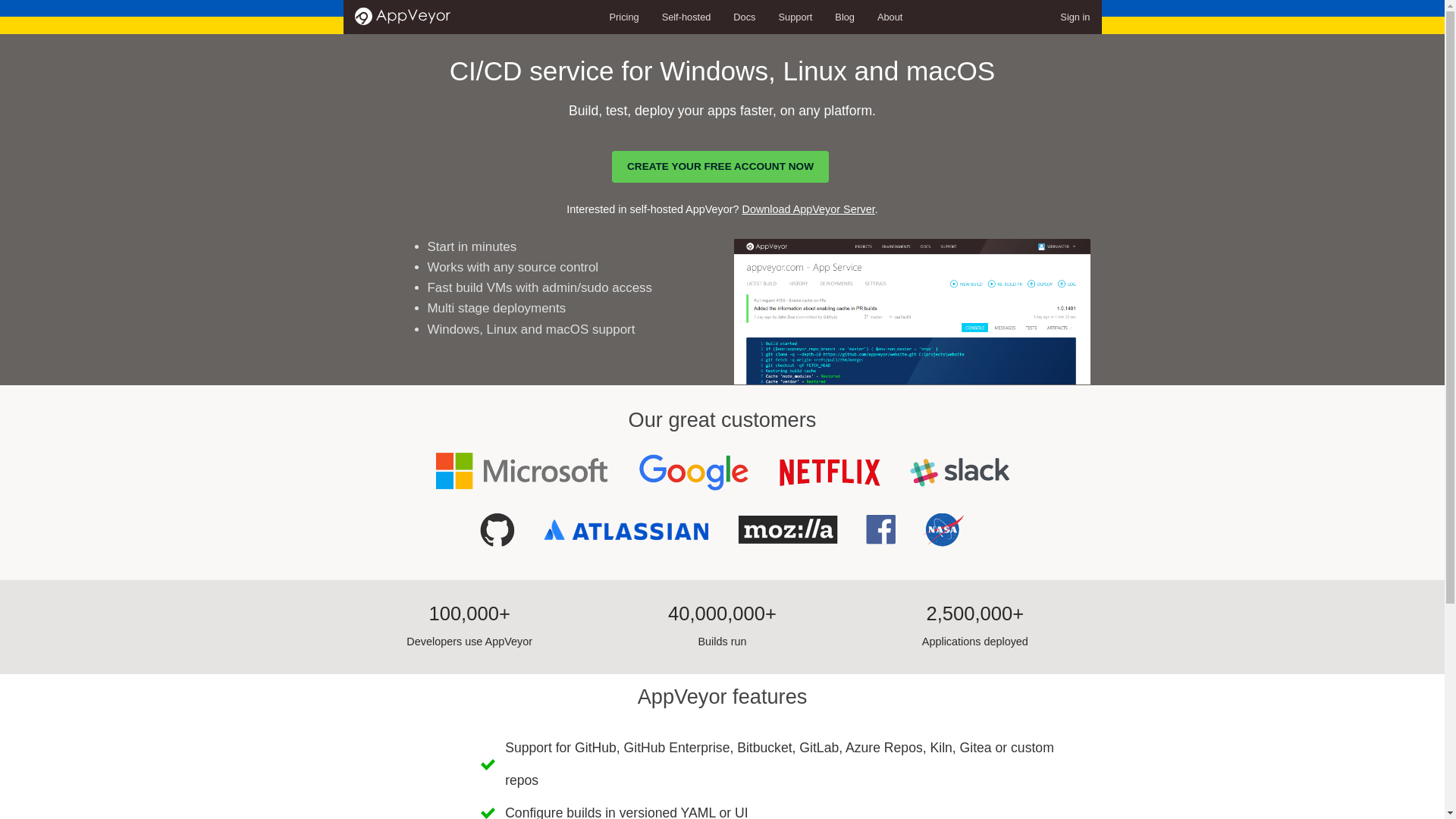 website screenshot of https://appveyor.com