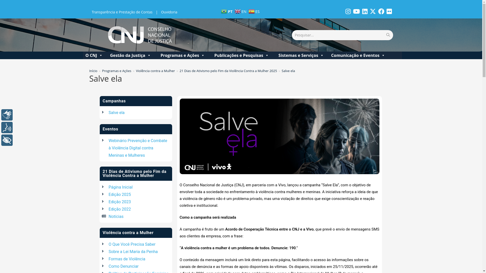 website screenshot of https://www.cnj.jus.br/programas-e-acoes/violencia-contra-a-mulher/21-dias-de-ativismo-pelo-fim-da-violencia-contra-a-mulher-2025/salve-ela/