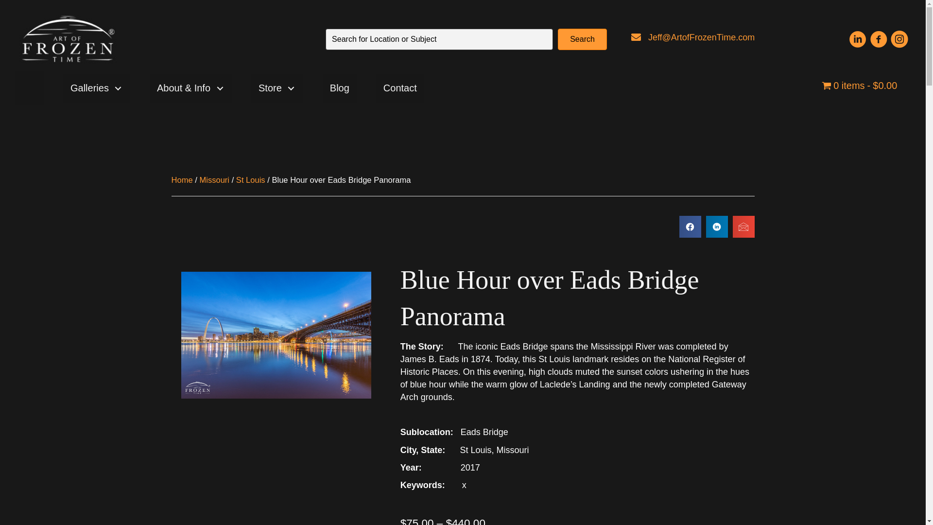 website screenshot of https://artoffrozentime.com/product/blue-hour-over-eads-bridge-panorama/