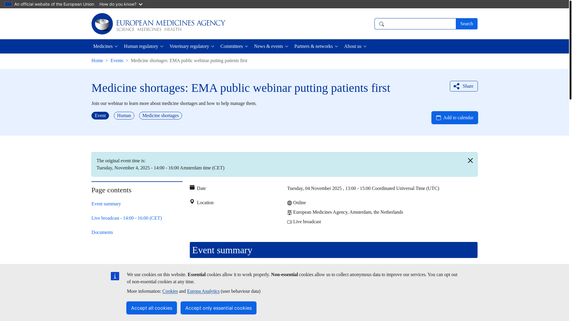website screenshot of https://www.ema.europa.eu/en/events/medicine-shortages-ema-public-webinar-putting-patients-first