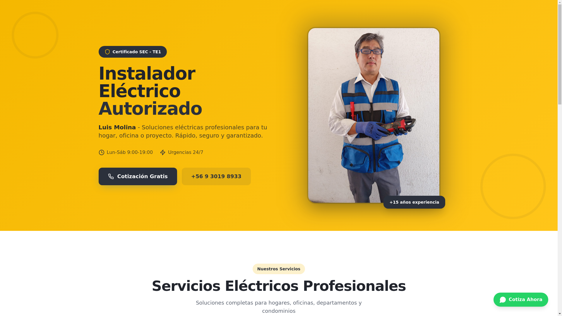 website screenshot of https://electricistaluismolina.cl/