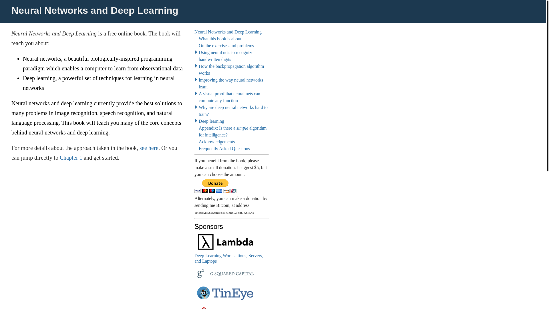 website screenshot of http://neuralnetworksanddeeplearning.com/