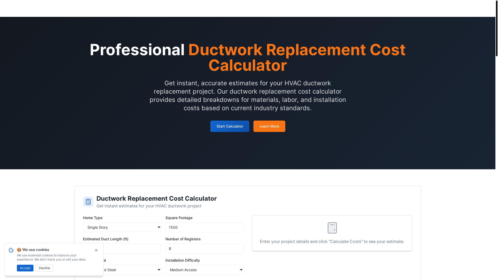 website screenshot of https://ductworkreplacementcostcalculator.pages.dev/