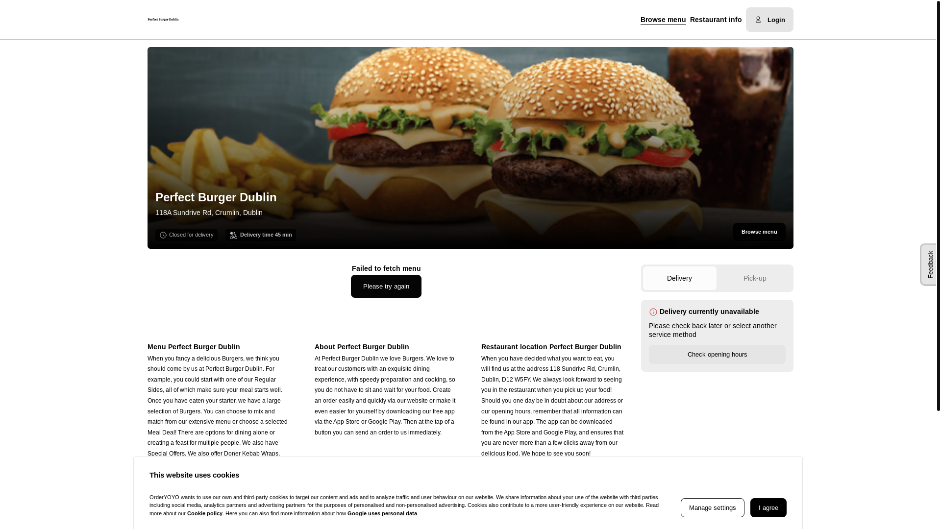 website screenshot of https://perfectburgerdublin.ie/