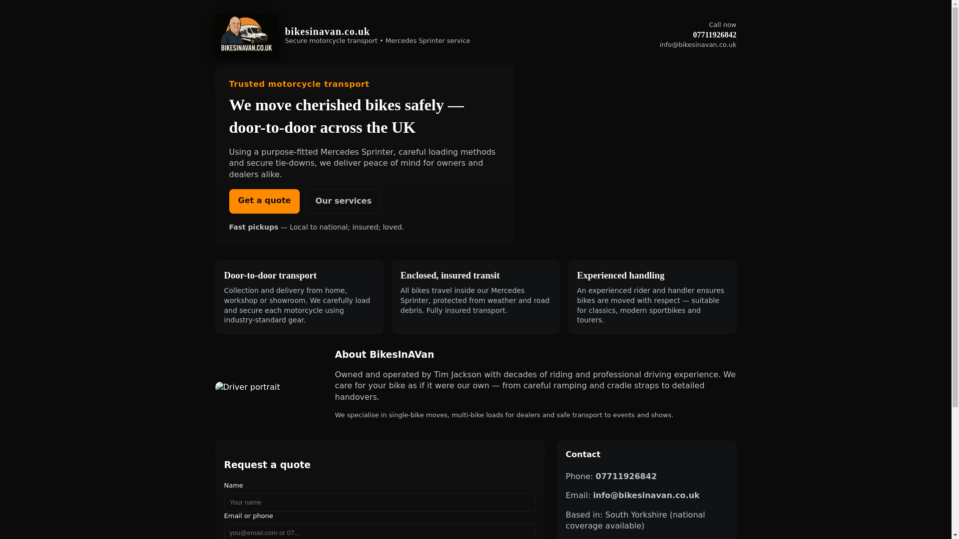 website screenshot of https://bikesinavan.co.uk/
