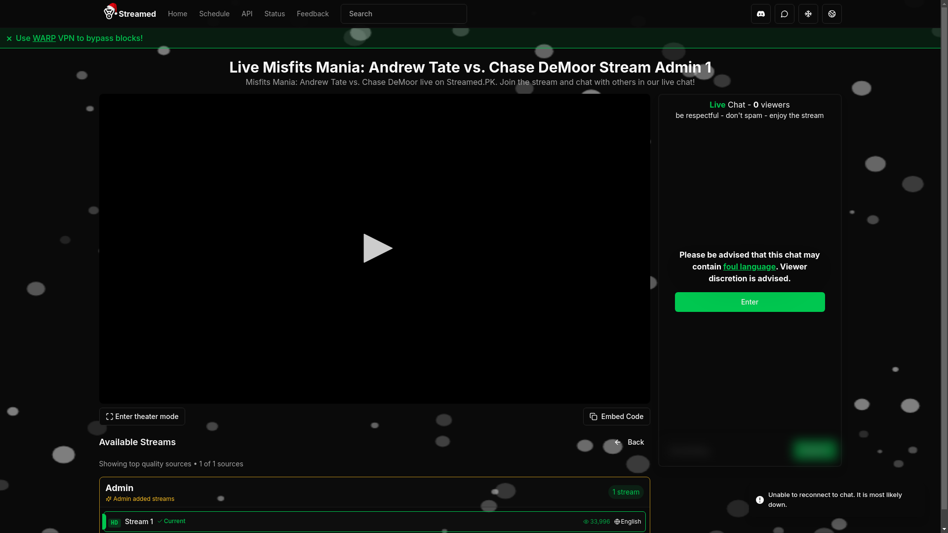 website screenshot of https://streamed.pk/watch/ppv-misfits-mania-andrew-tate-vs-chase-de-moor/admin/1