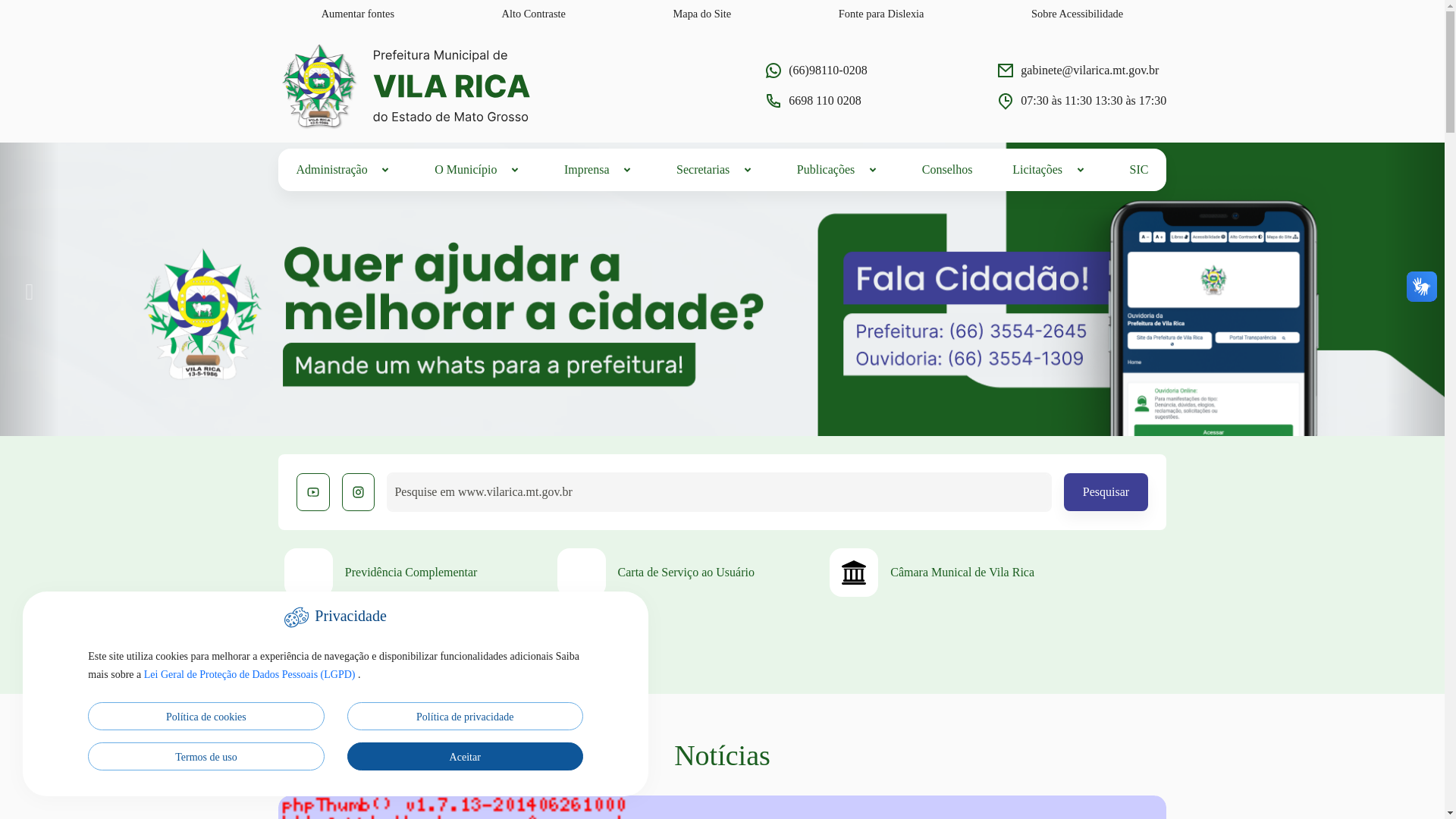 website screenshot of https://www.vilarica.mt.gov.br.187-45-176-202.cpanel.site/