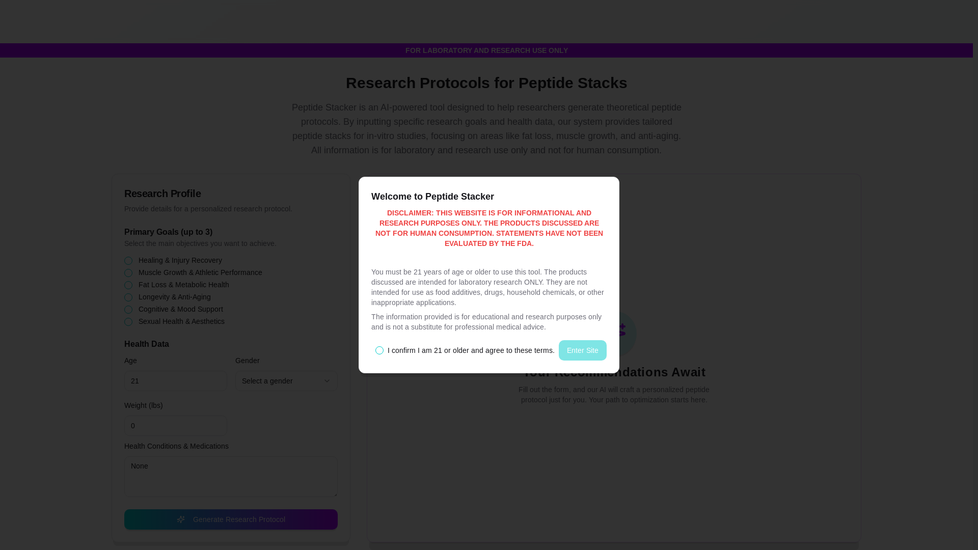website screenshot of https://peptide-stacker.com/