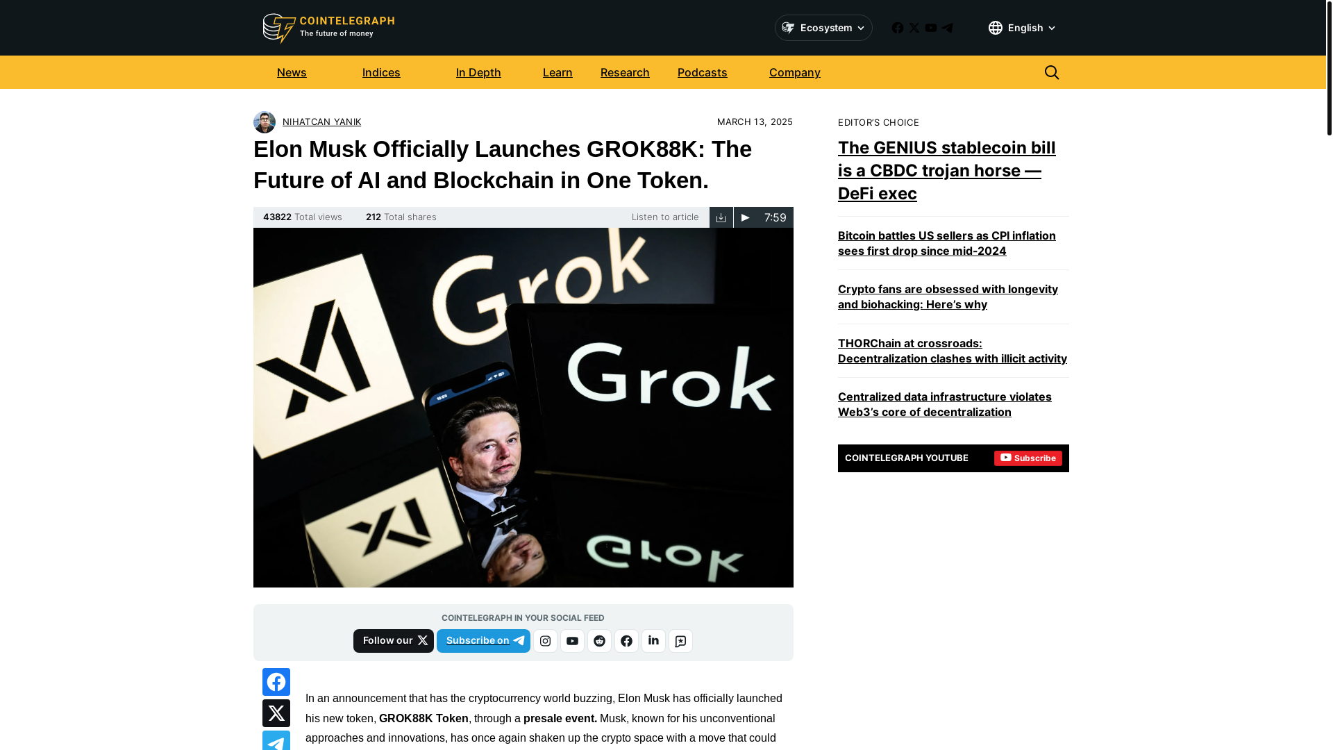website screenshot of https://grok88k-cointelegraph.com/