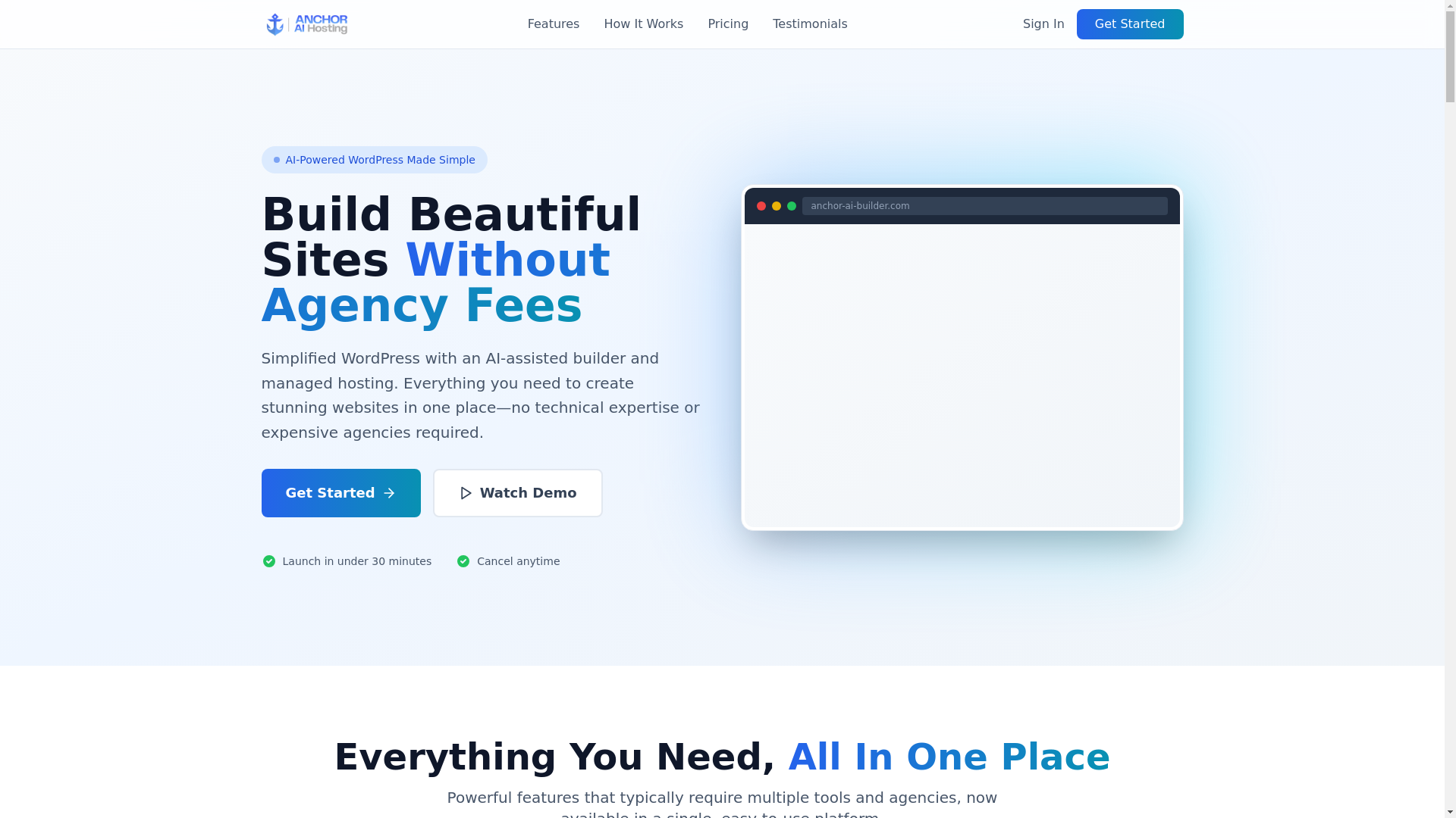 website screenshot of https://anchoraihosting.pages.dev/