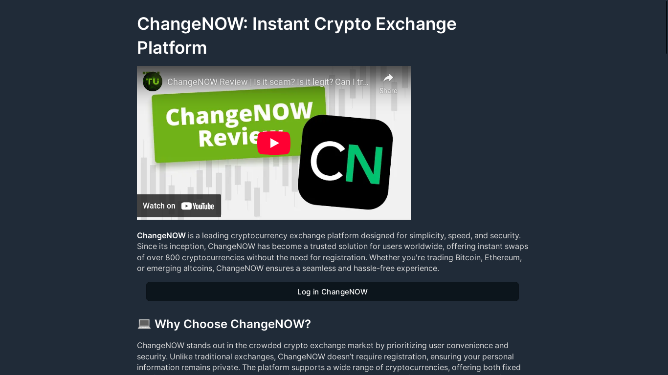 website screenshot of https://changenowio.org/