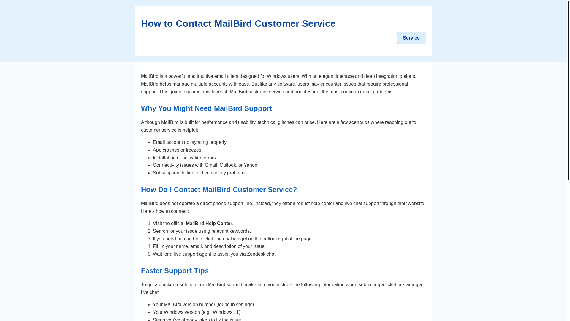 website screenshot of https://mailbird-customer-service-2wq.pages.dev/