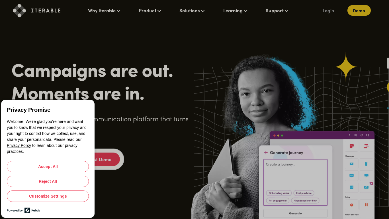 website screenshot of https://iterable.com/