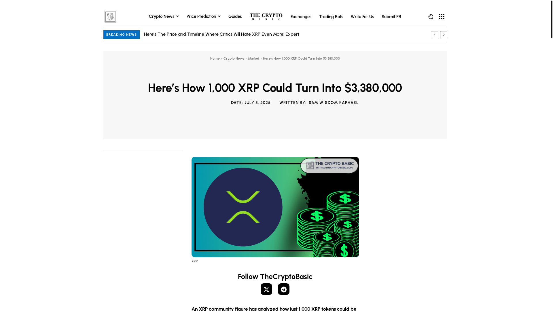 website screenshot of https://thecryptobasic.com/2025/07/05/heres-how-1000-xrp-could-turn-into-3380000/
