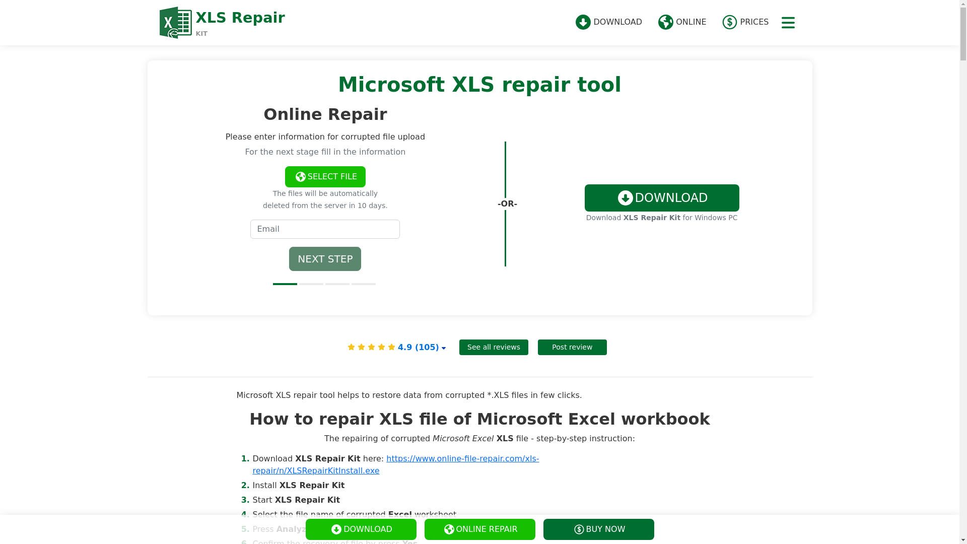 website screenshot of https://xls.repair
