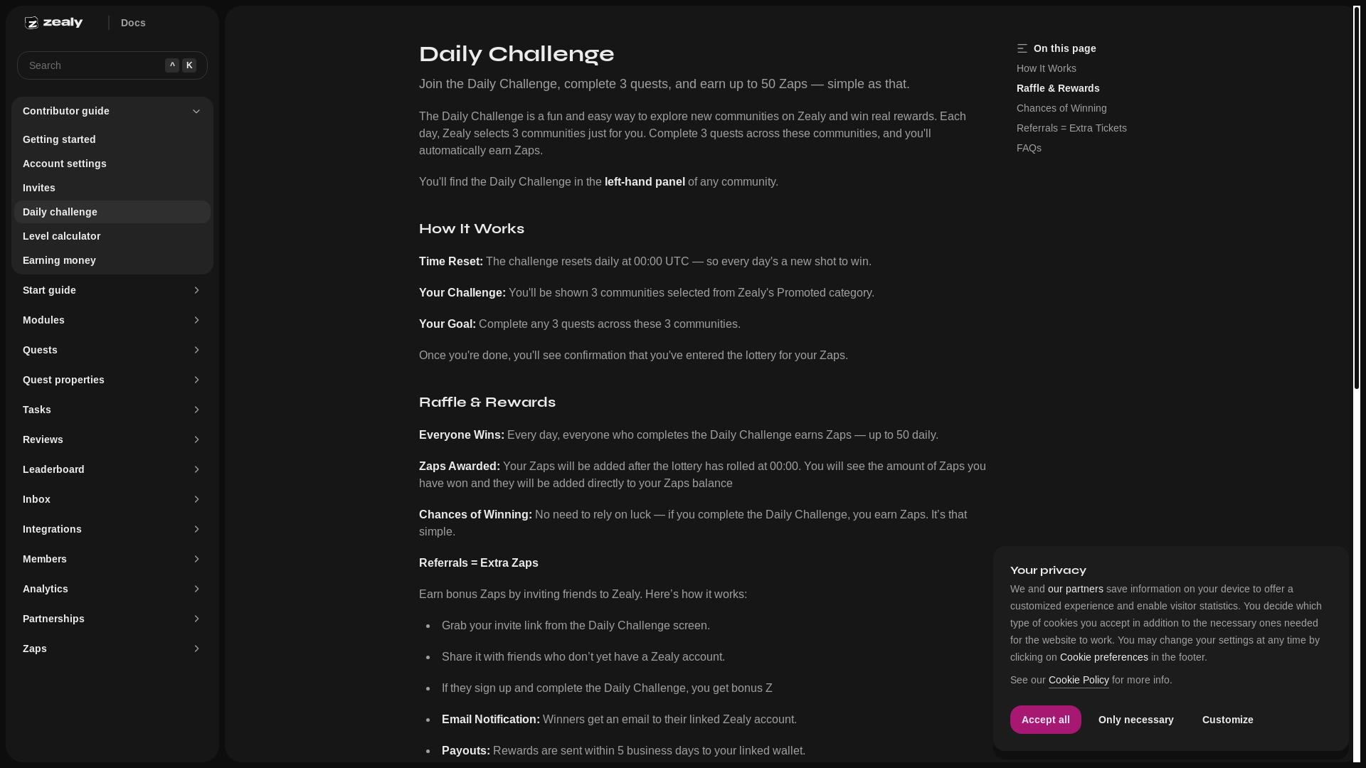 website screenshot of https://zealy.io/docs/contributor/daily-challenge