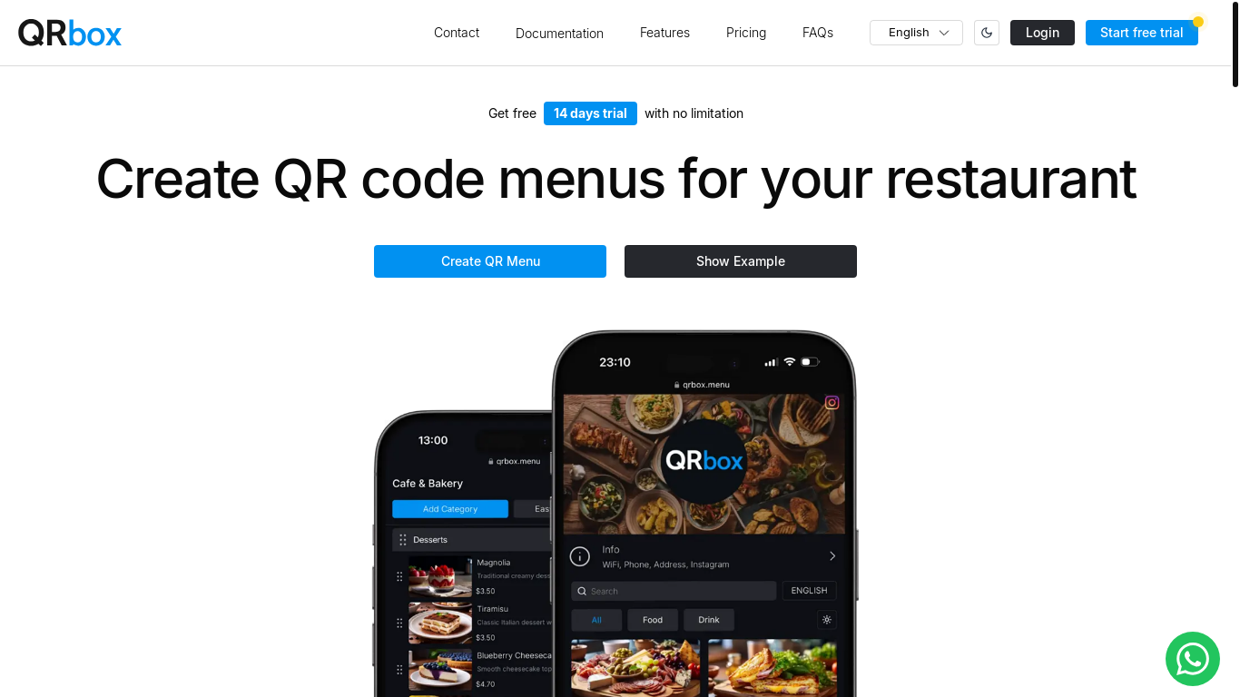 website screenshot of https://qrbox.menu/