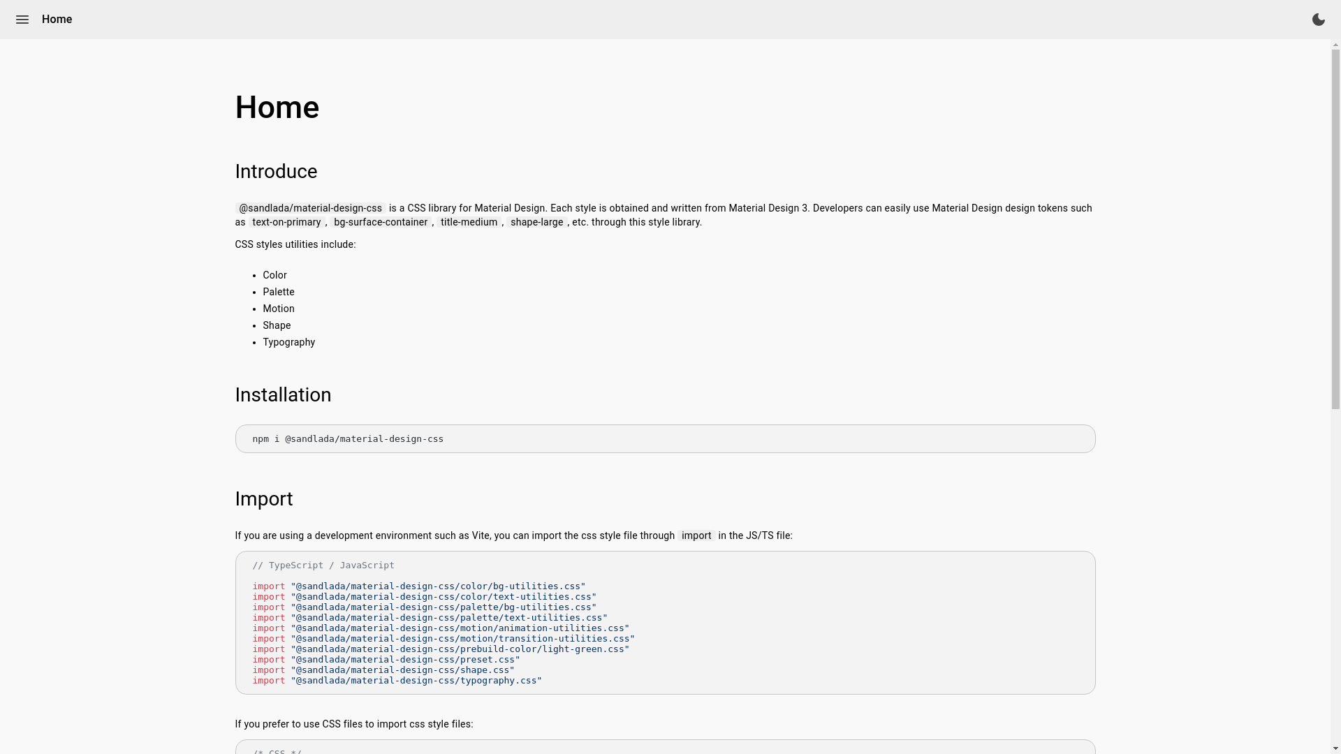 website screenshot of https://com-sandlada-material-design-css.pages.dev/