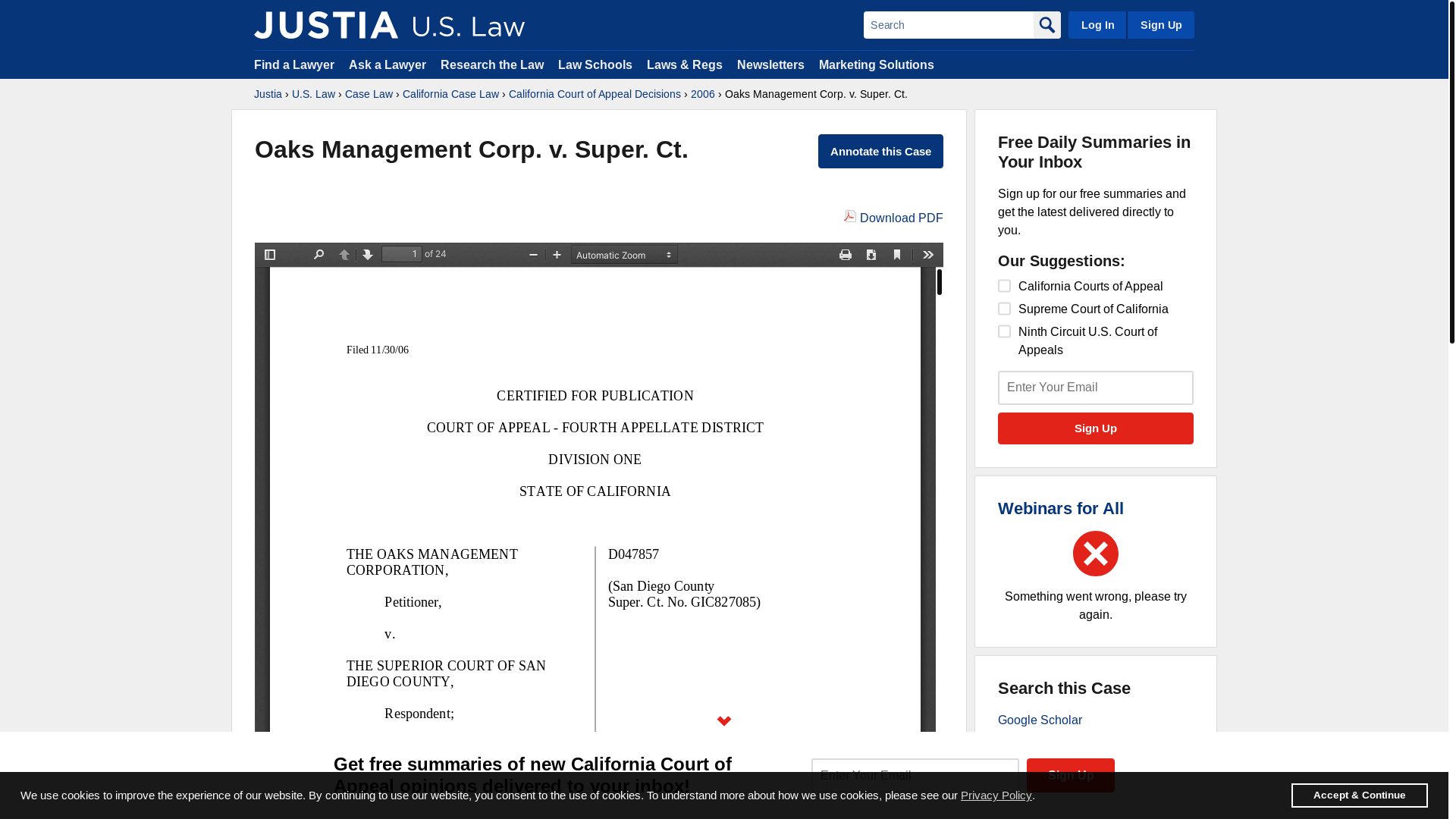 website screenshot of https://law.justia.com/cases/california/court-of-appeal/2006/d047857.html