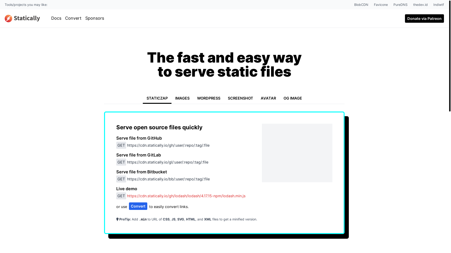 website screenshot of https://statically.io