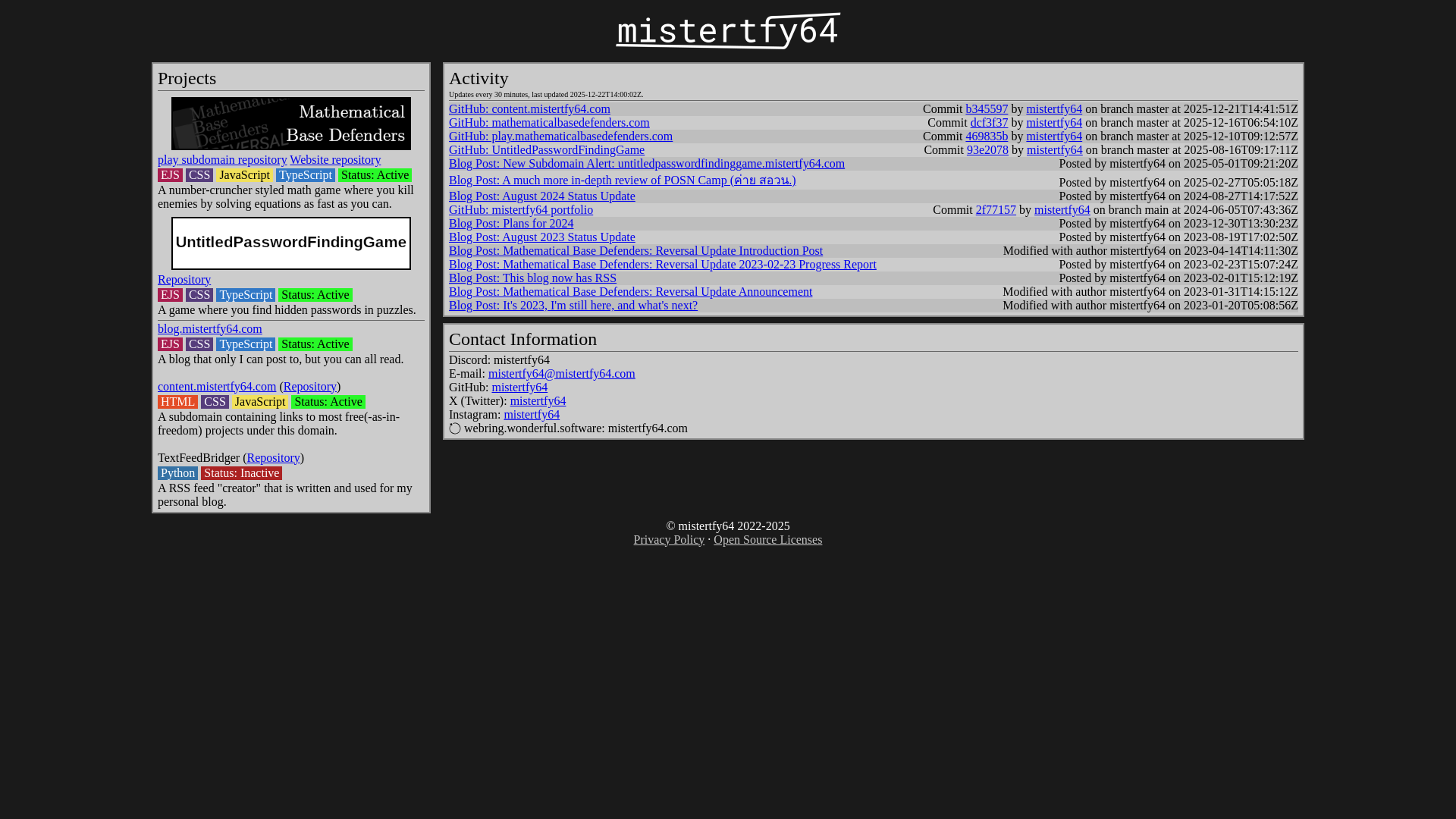 website screenshot of https://mistertfy64.com/