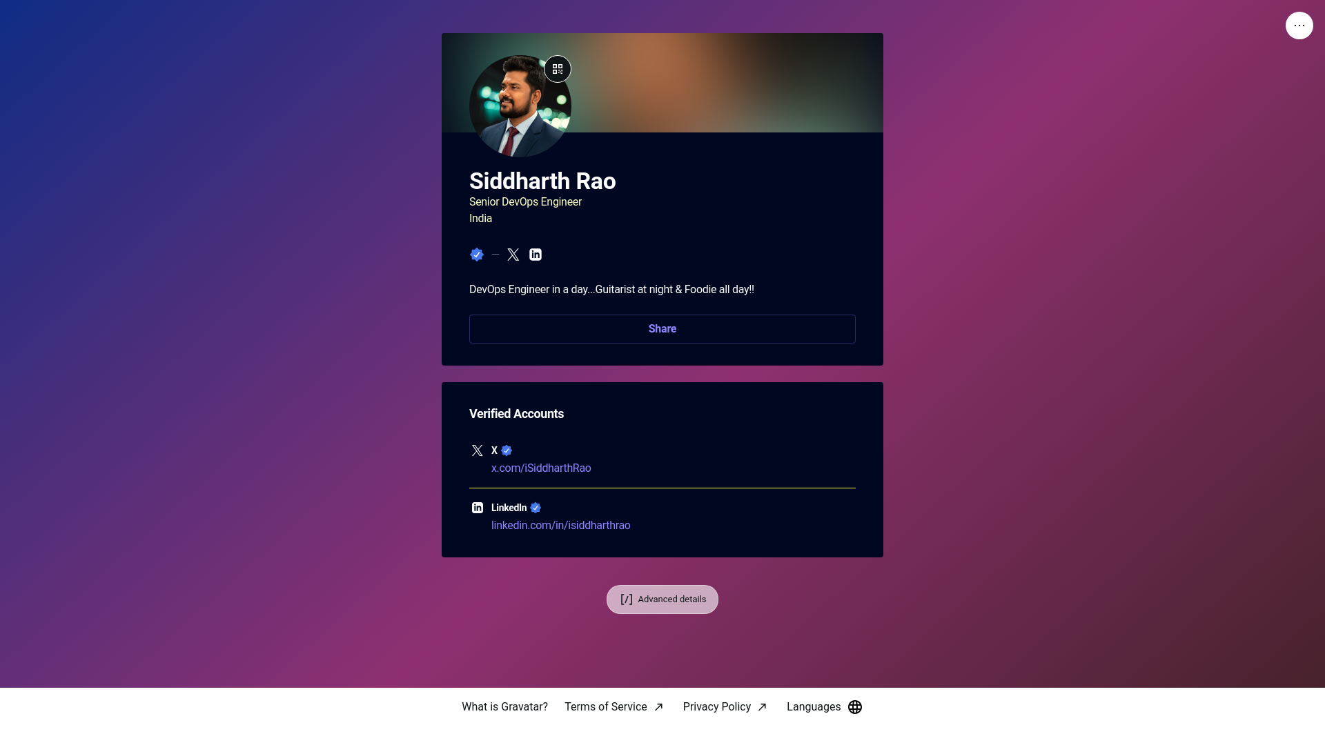 website screenshot of https://siddharthrao.live/