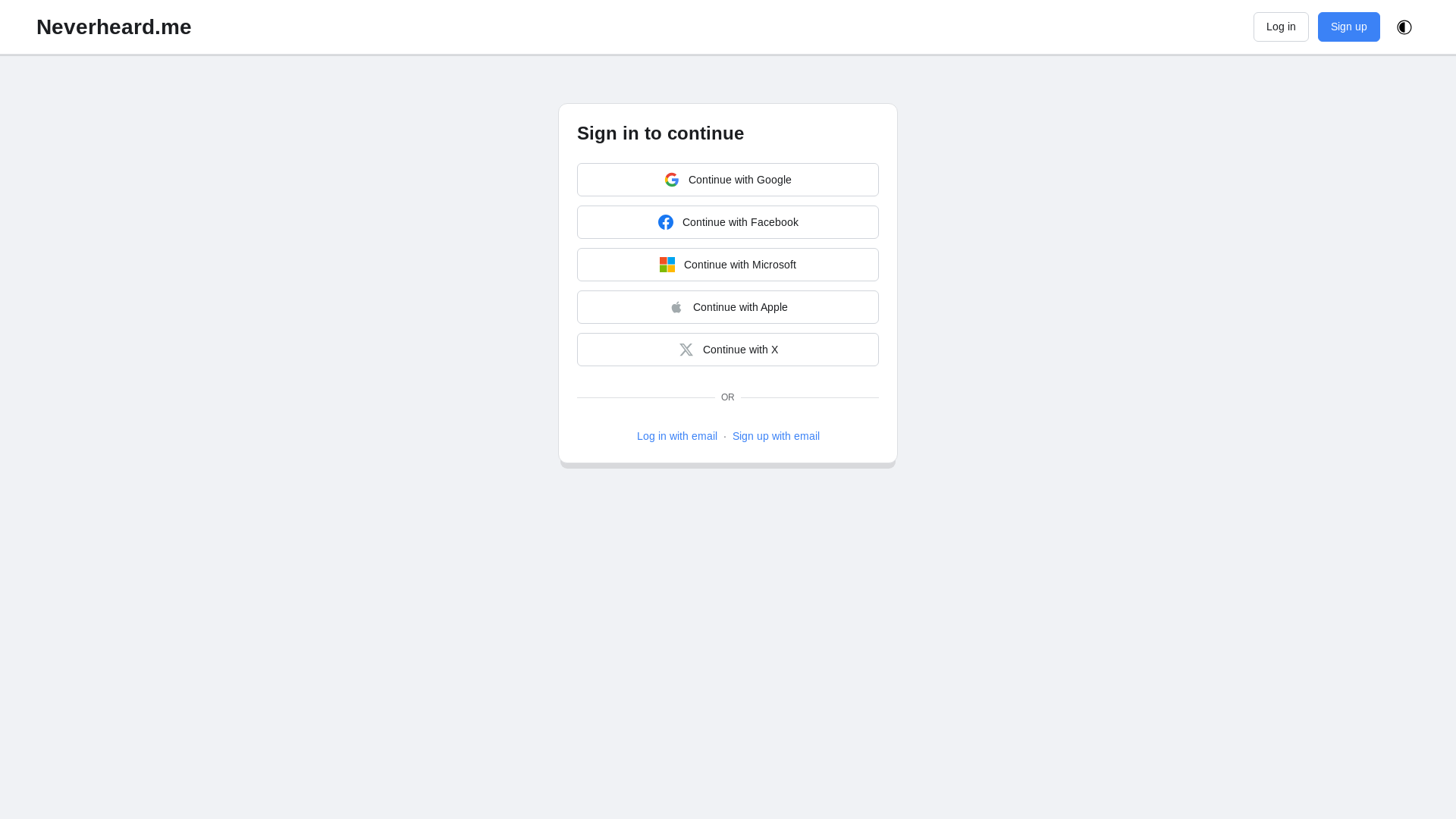 website screenshot of https://neverheard.me/