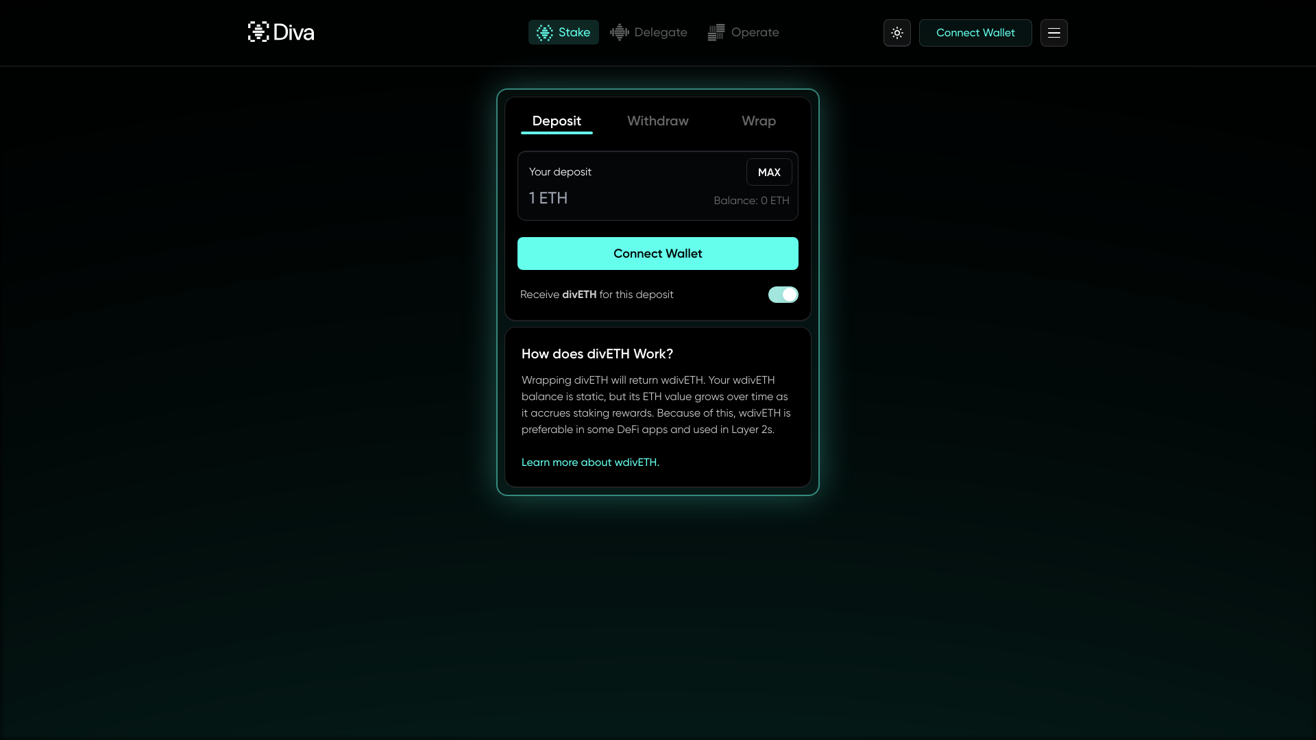 website screenshot of https://diva-staker-ui.pages.dev/