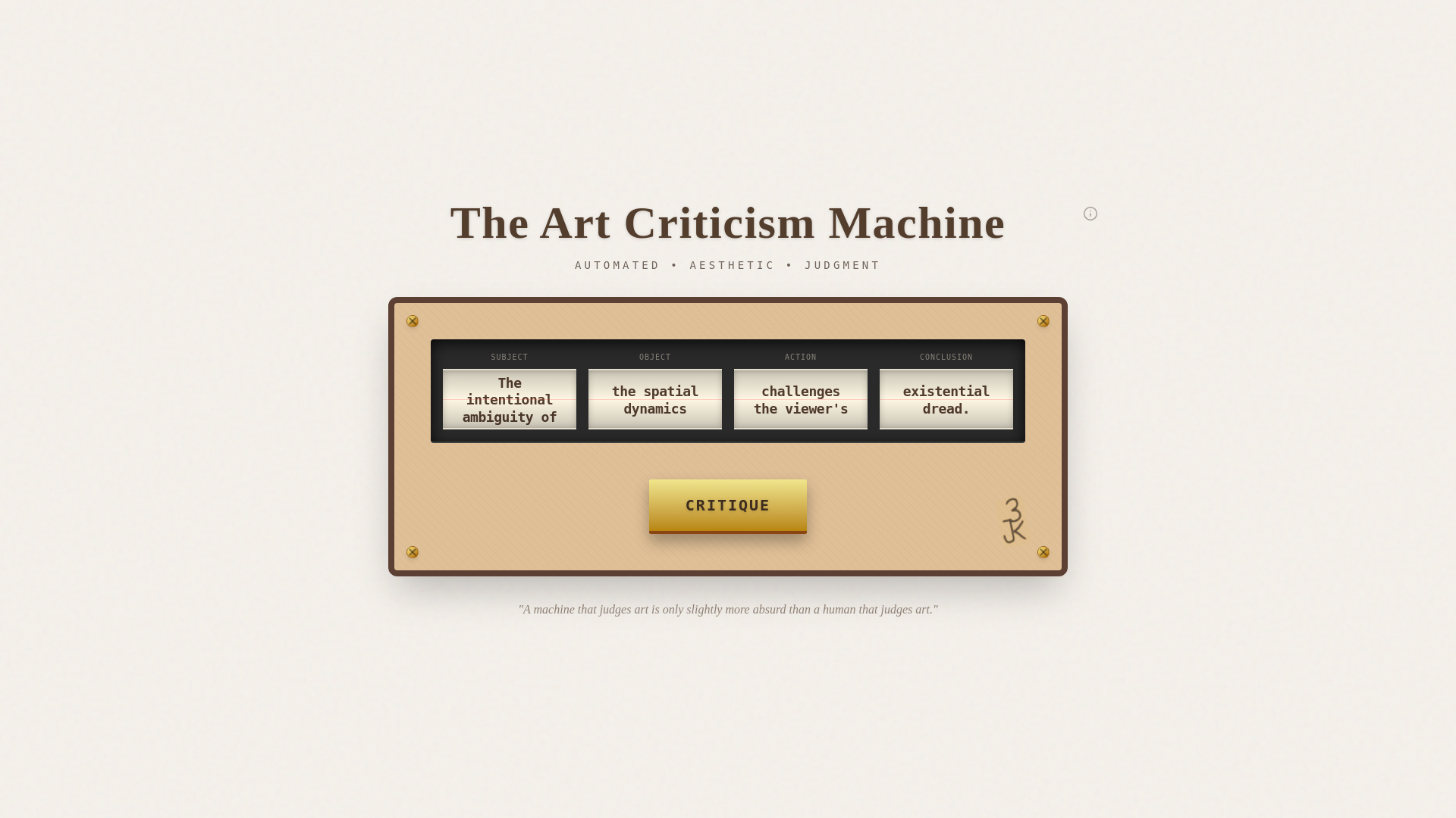 website screenshot of https://artcriticismmachine.com/