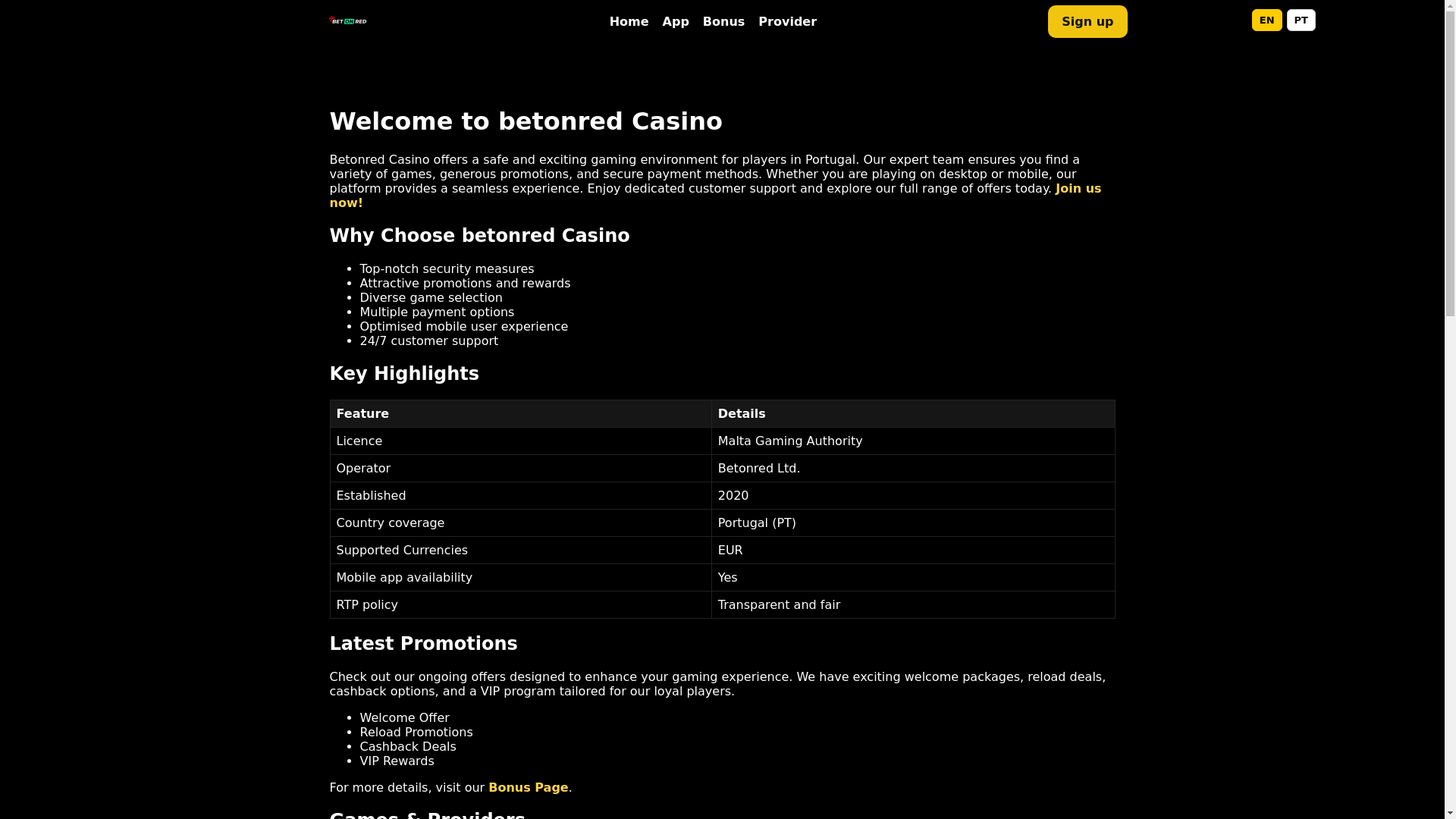 website screenshot of https://betonred-pt.casino