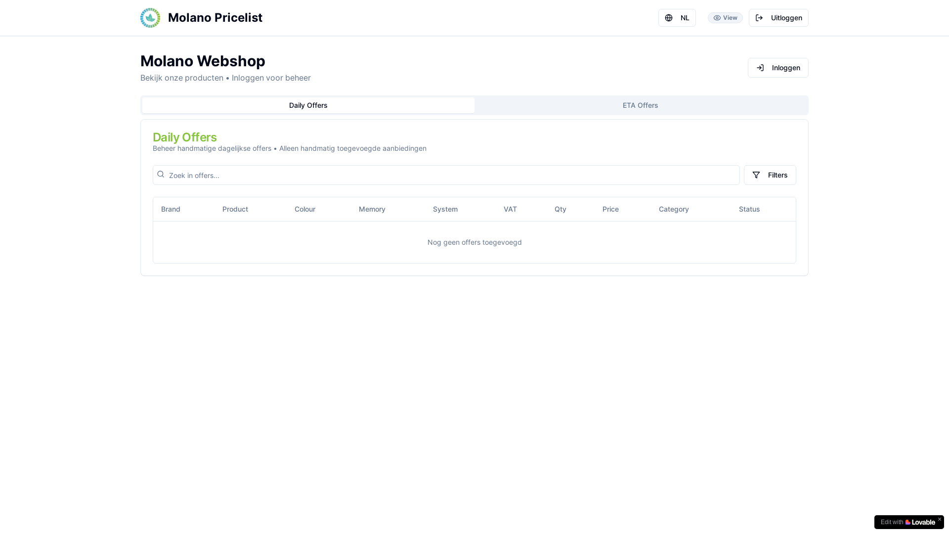 website screenshot of https://pricelist-molano.com/