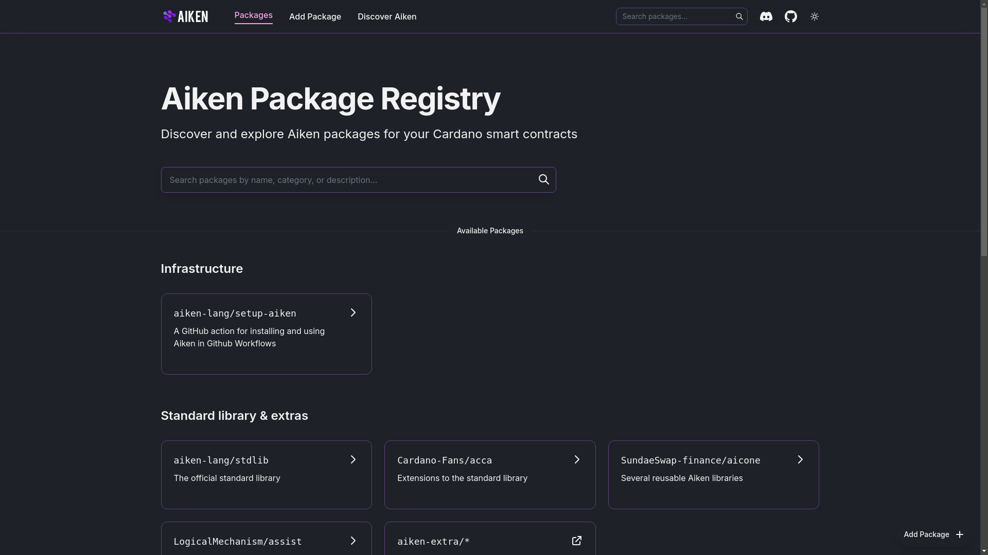 website screenshot of https://aiken-package-registry-page.pages.dev/