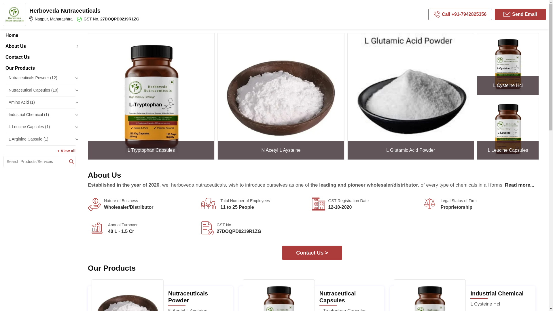 website screenshot of https://herbovedanutraceuticals.co.in/