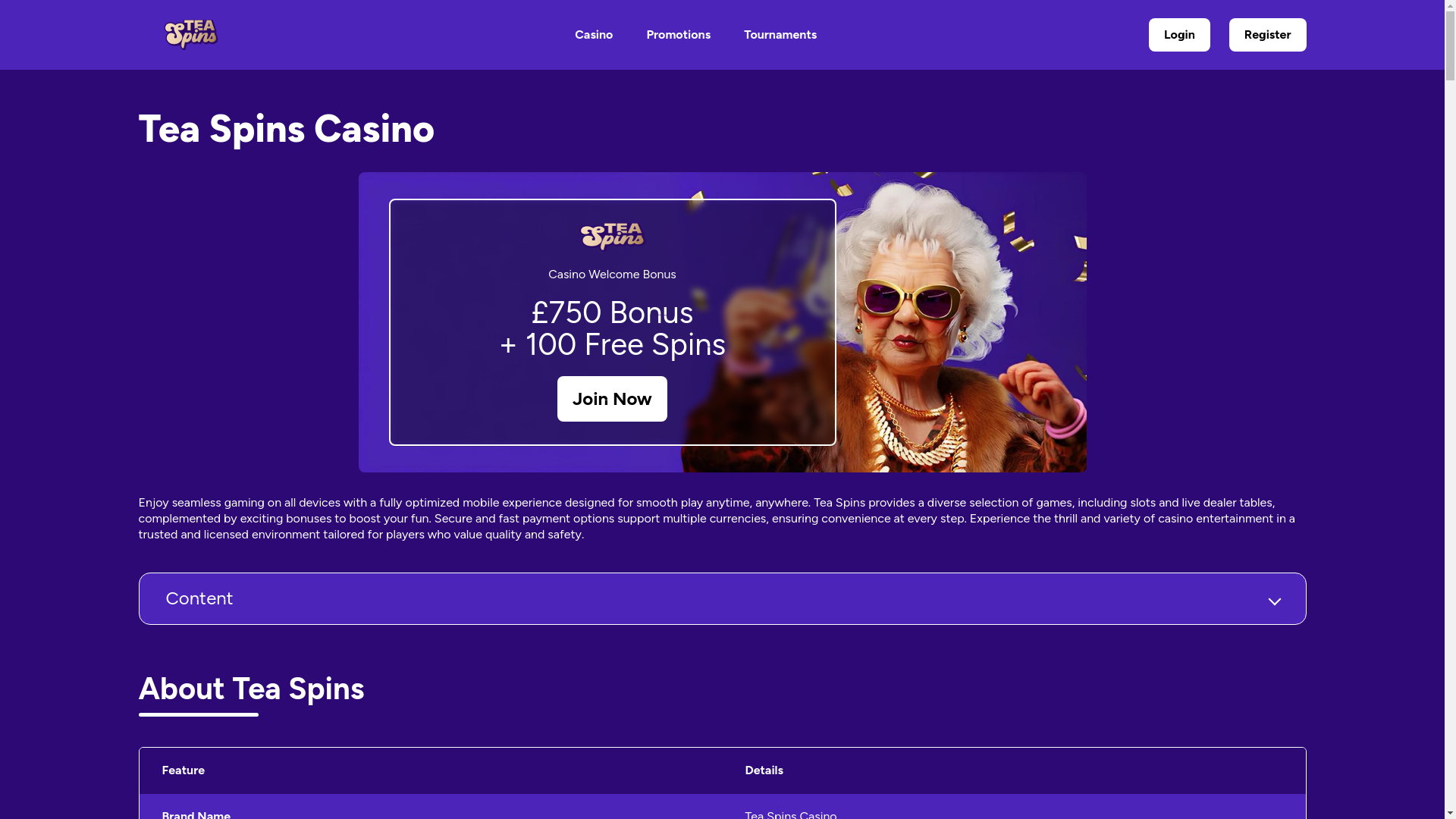 website screenshot of https://tea-spins.org.uk/