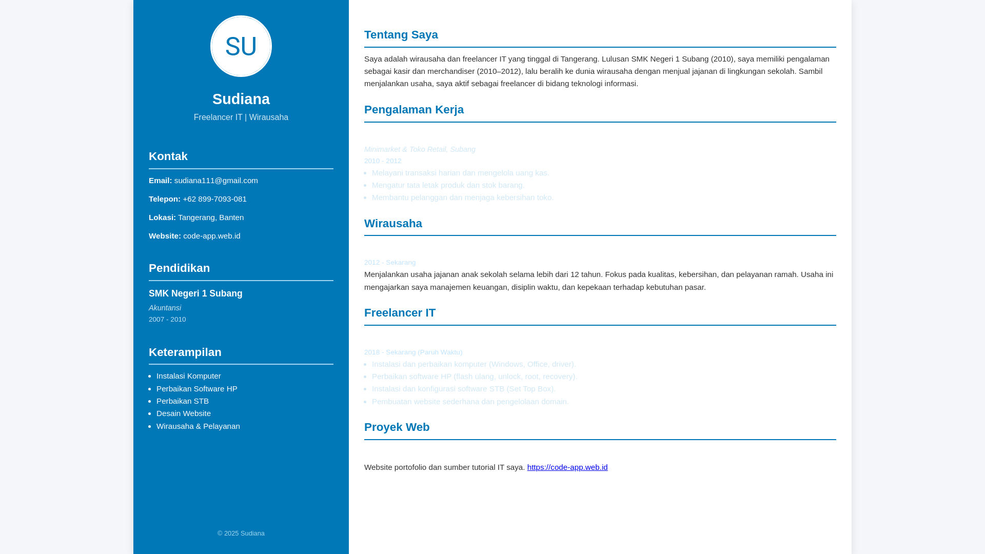 website screenshot of https://sudiana-cv.pages.dev/