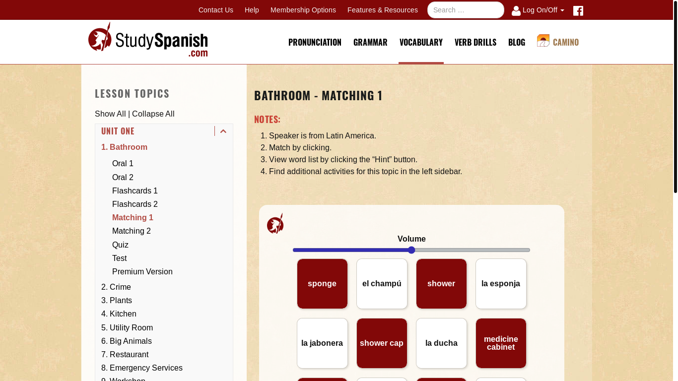 website screenshot of https://studyspanish.com/vocab/matchings/bathla-matching