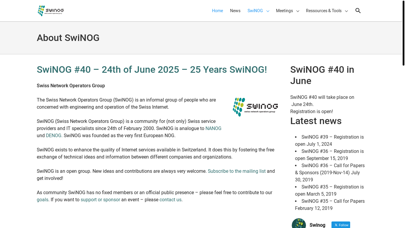 website screenshot of https://swinog.ch