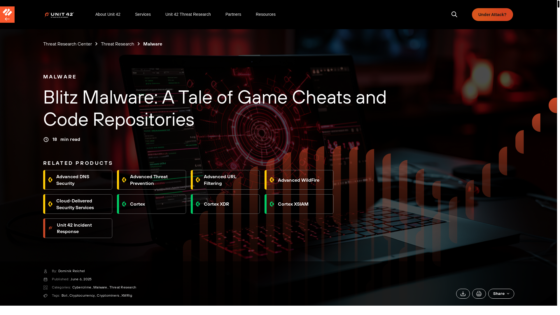 website screenshot of https://unit42.paloaltonetworks.com/blitz-malware-2025/