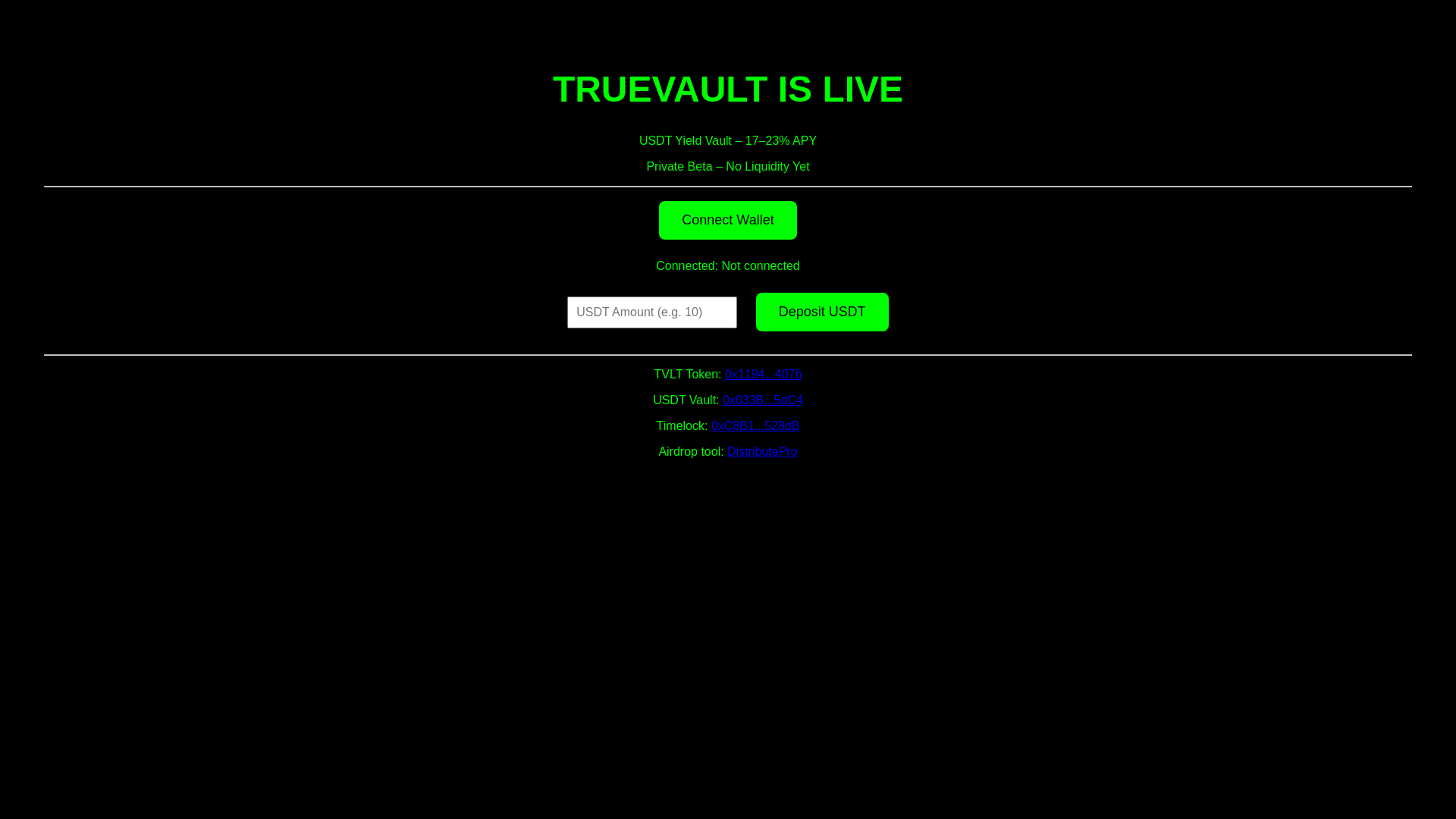 website screenshot of https://truevault.finance/