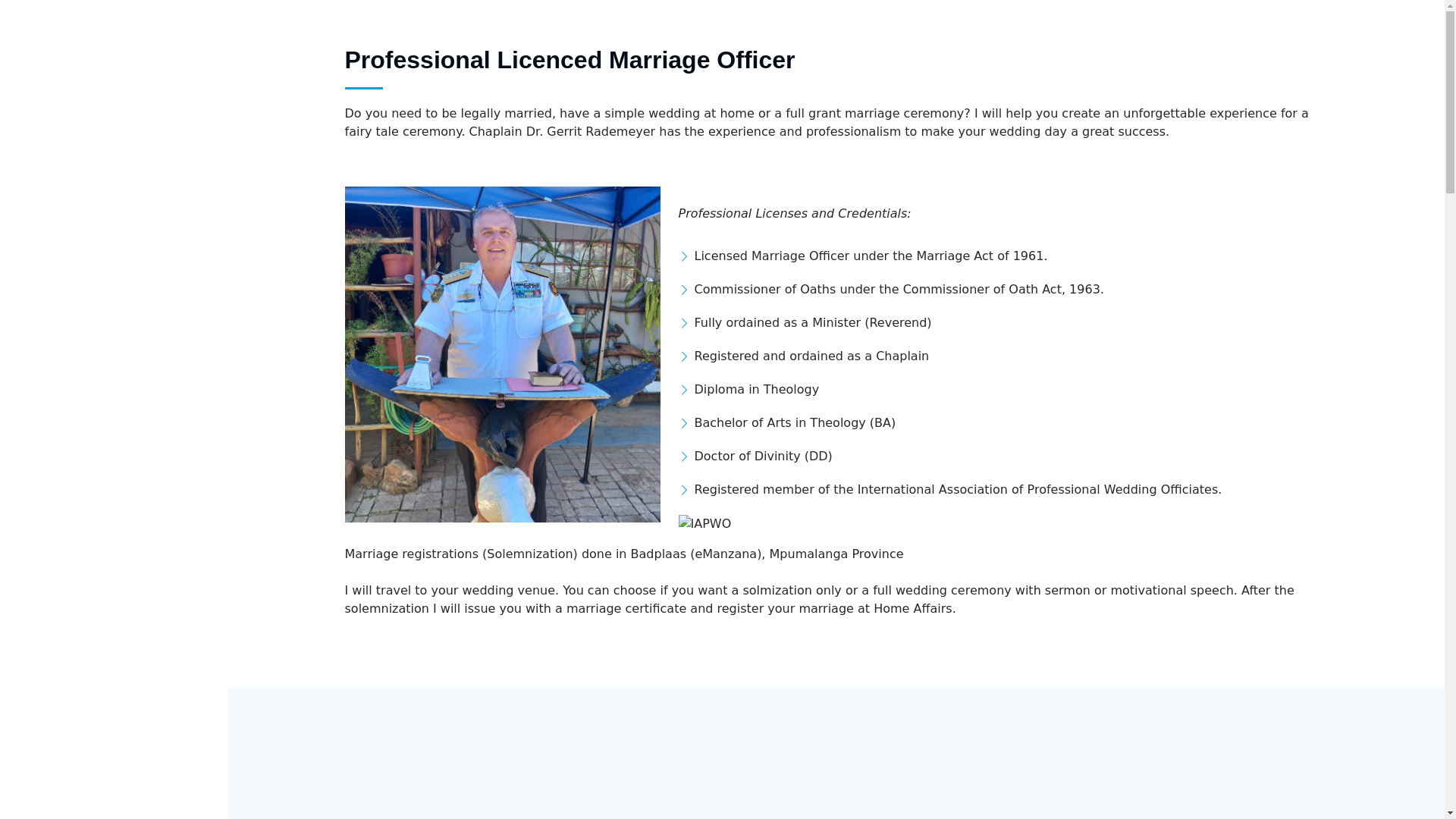 website screenshot of https://marriageofficerinbadplaas.co.za/