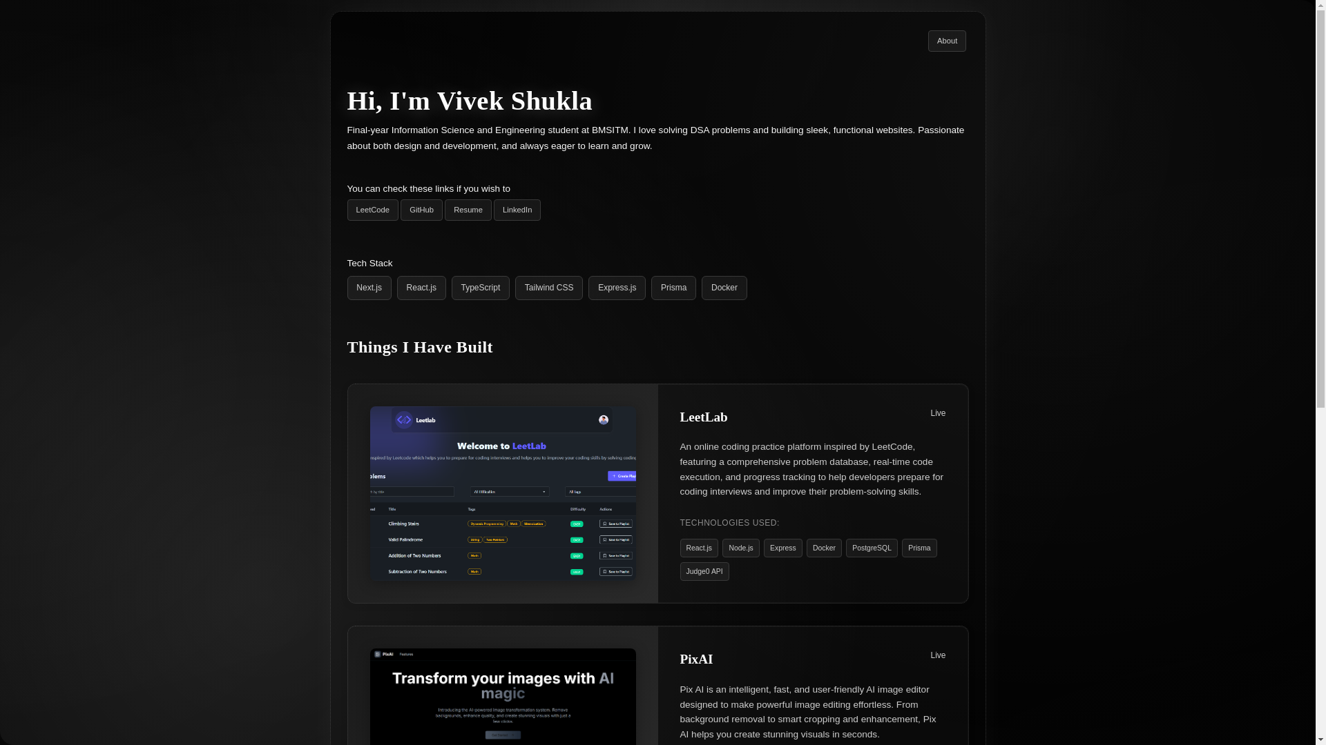 website screenshot of https://vivekshukla.me/