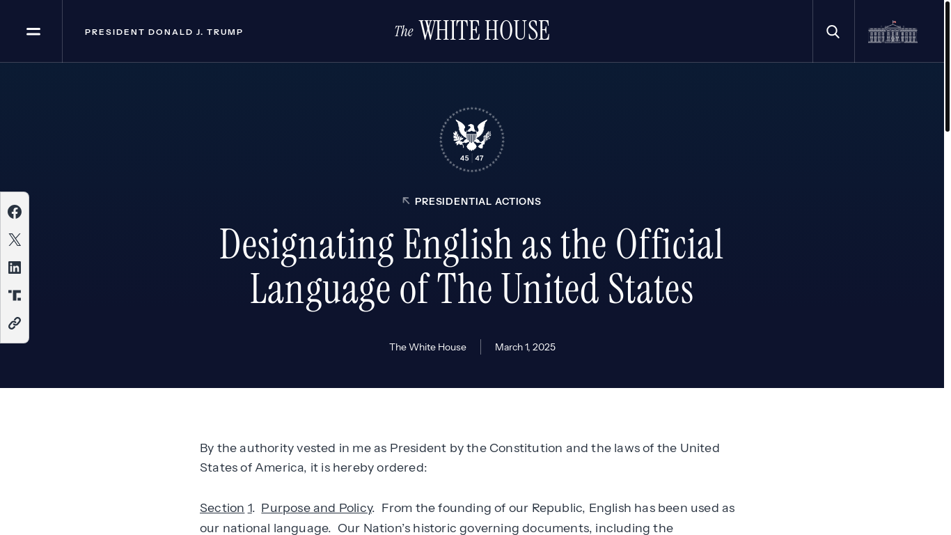 website screenshot of https://www.whitehouse.gov/presidential-actions/2025/03/designating-english-as-the-official-language-of-the-united-states/