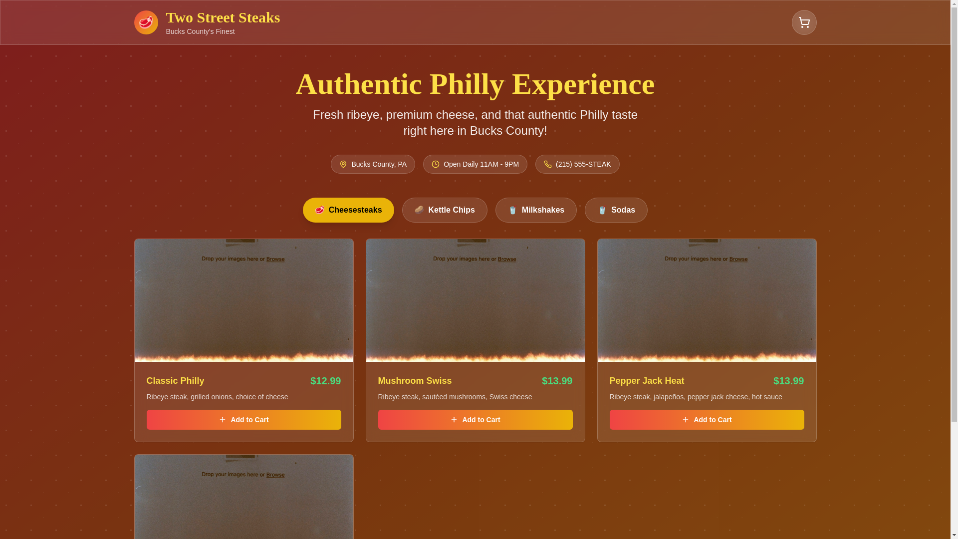 website screenshot of https://twostreetsteaks.com/
